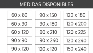 Tabla de medidas disponibles de bolsas hinchables (airbags)
